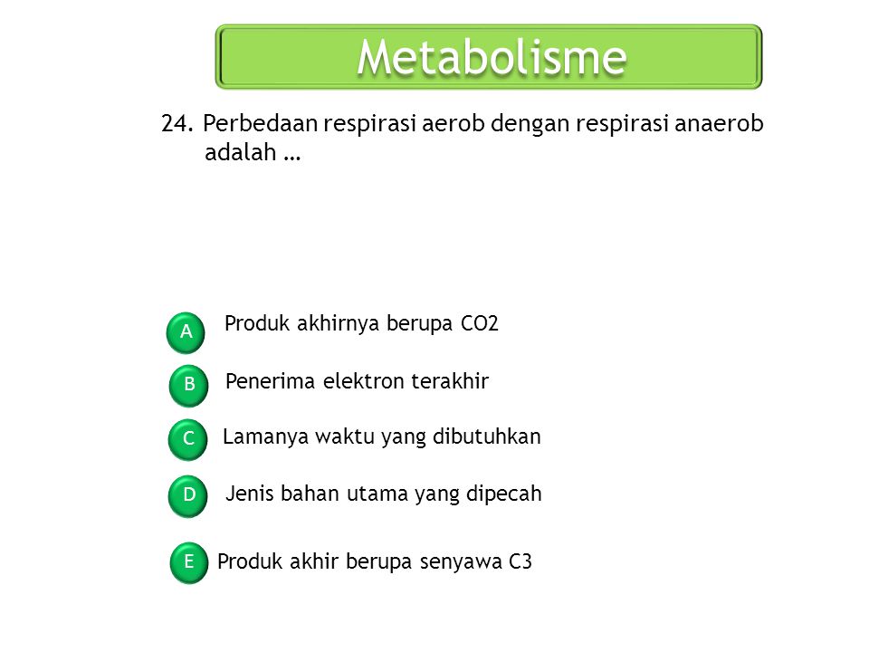 Metabolisme 24. Perbedaan respirasi aerob dengan respirasi anaerob adalah … Produk akhirnya berupa CO2.