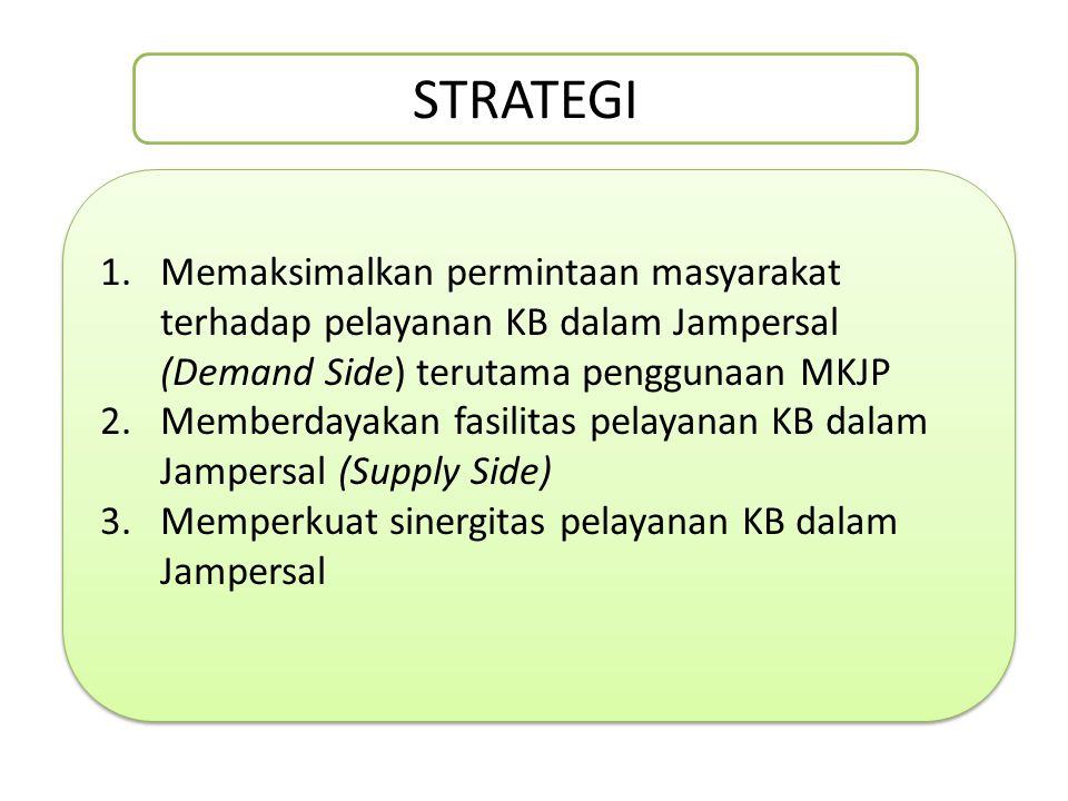STRATEGI Memaksimalkan permintaan masyarakat terhadap pelayanan KB dalam Jampersal (Demand Side) terutama penggunaan MKJP.
