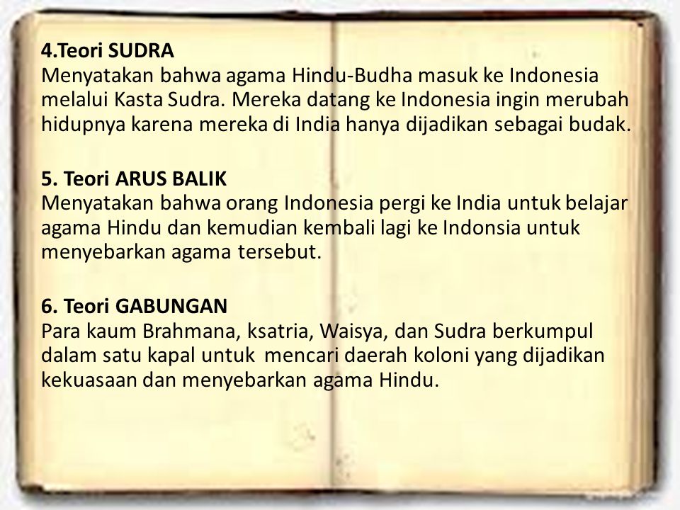 4.Teori SUDRA Menyatakan bahwa agama Hindu-Budha masuk ke Indonesia melalui Kasta Sudra.