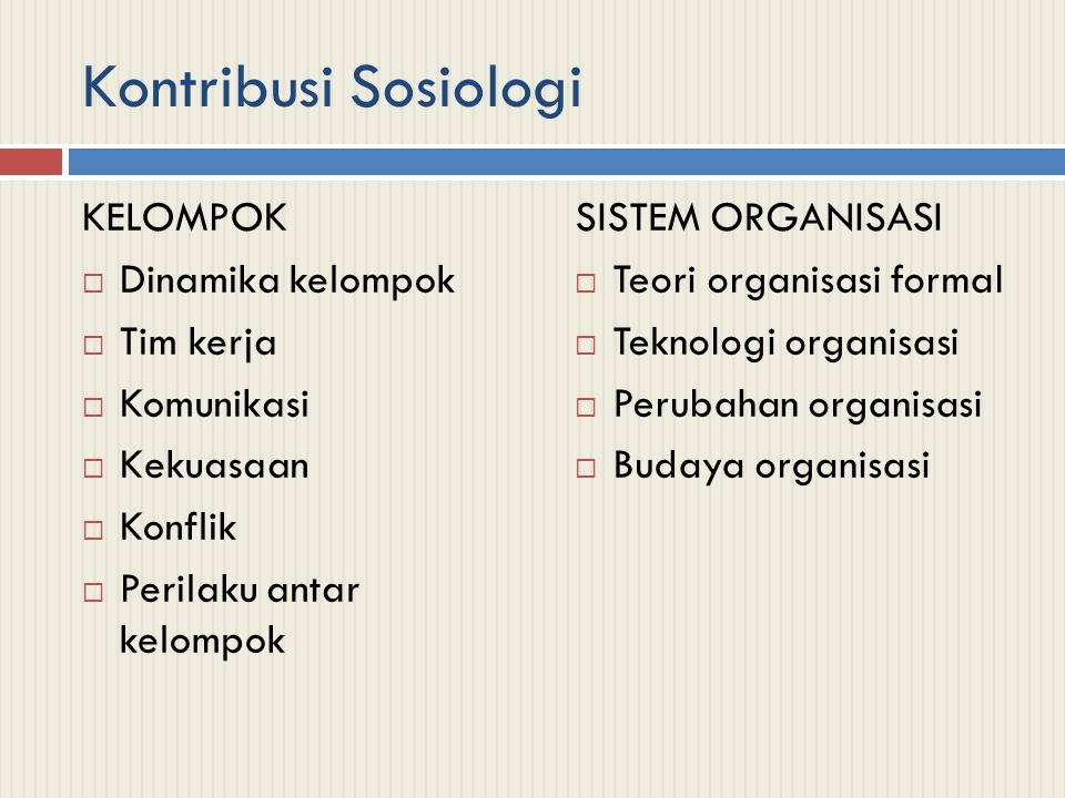 Kontribusi Sosiologi KELOMPOK Dinamika kelompok Tim kerja Komunikasi