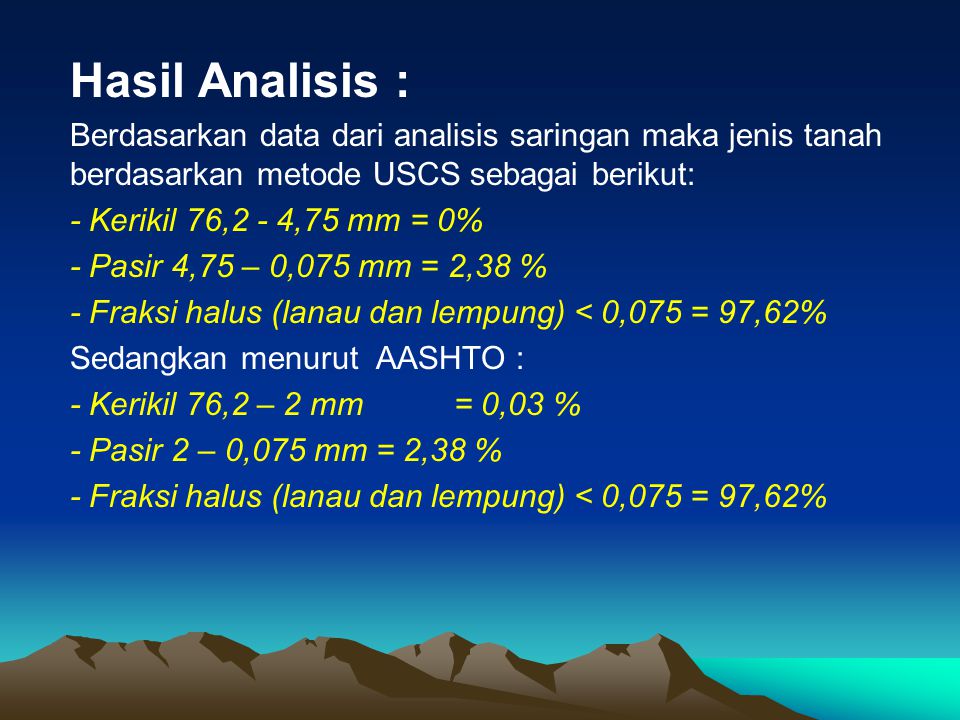 Hasil Analisis : Berdasarkan data dari analisis saringan maka jenis tanah berdasarkan metode USCS sebagai berikut: