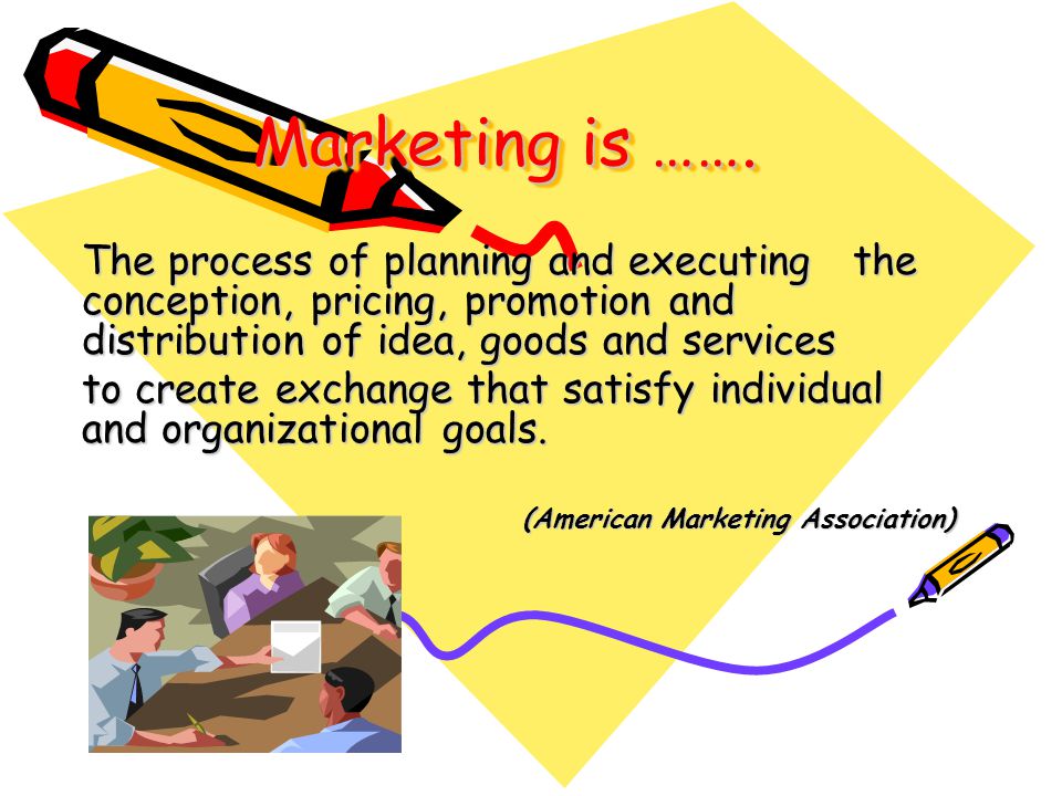 Marketing is ……. The process of planning and executing the conception, pricing, promotion and distribution of idea, goods and services.