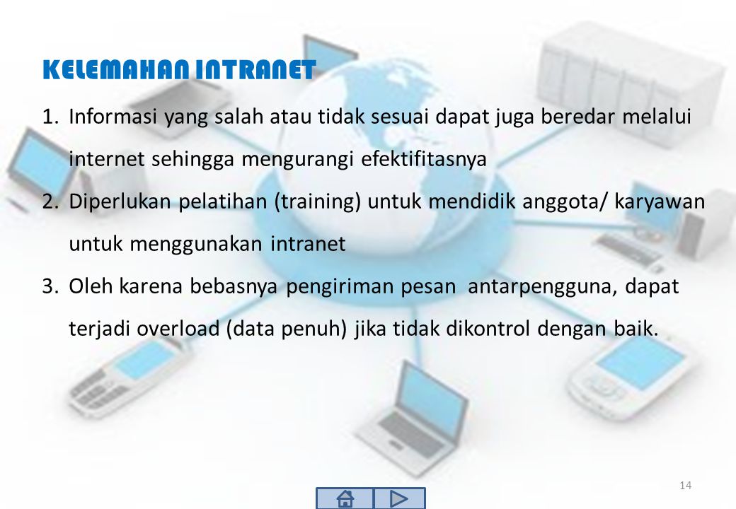 KELEMAHAN INTRANET Informasi yang salah atau tidak sesuai dapat juga beredar melalui internet sehingga mengurangi efektifitasnya.