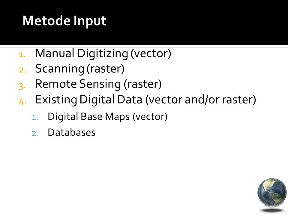 Metode Input Manual Digitizing (vector) Scanning (raster)