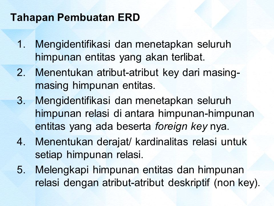 Tahapan Pembuatan ERD Mengidentifikasi dan menetapkan seluruh himpunan entitas yang akan terlibat.