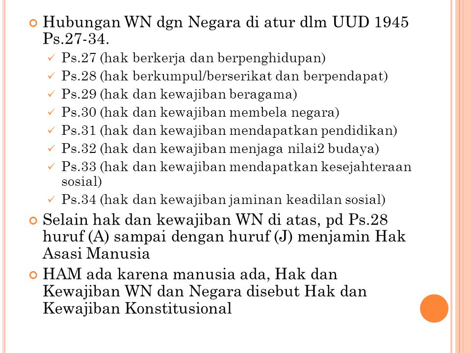 Hubungan WN dgn Negara di atur dlm UUD 1945 Ps