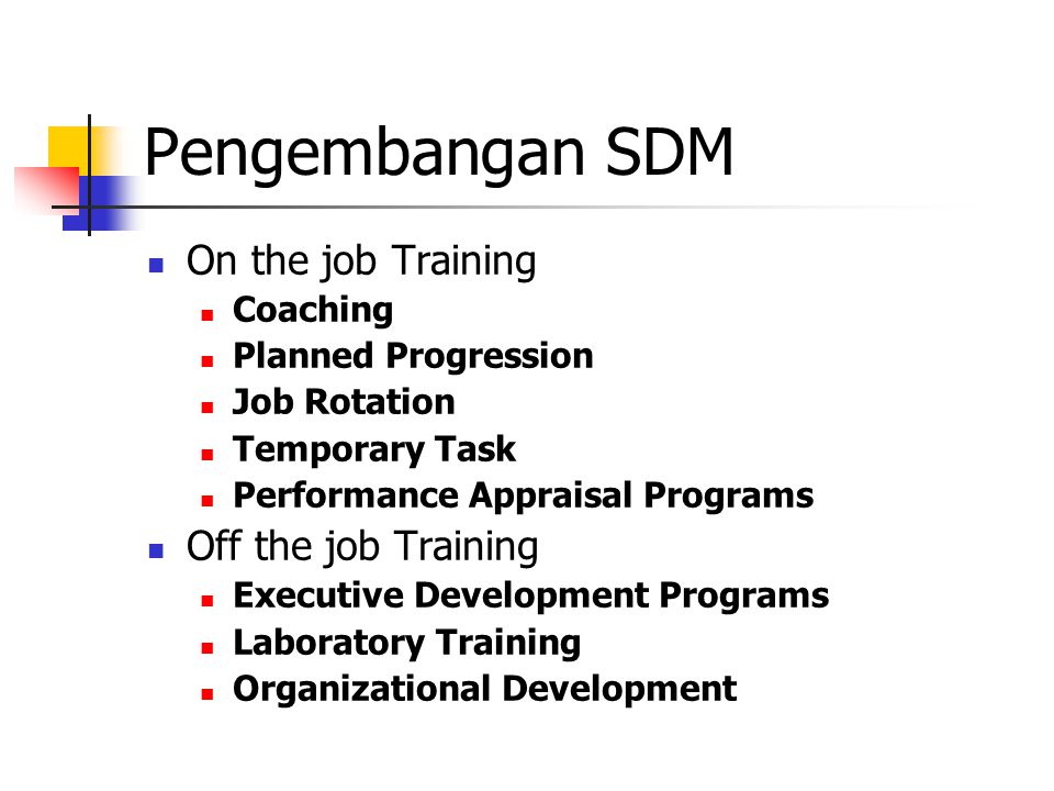 Pengembangan SDM On the job Training Off the job Training Coaching