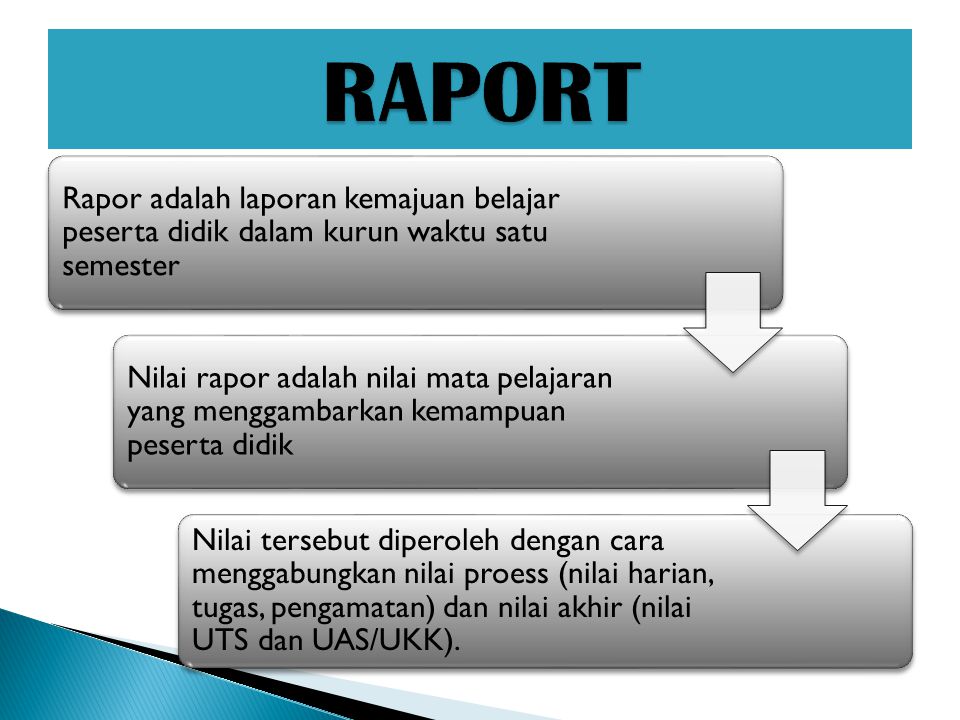 RAPORT Rapor adalah laporan kemajuan belajar peserta didik dalam kurun waktu satu semester.