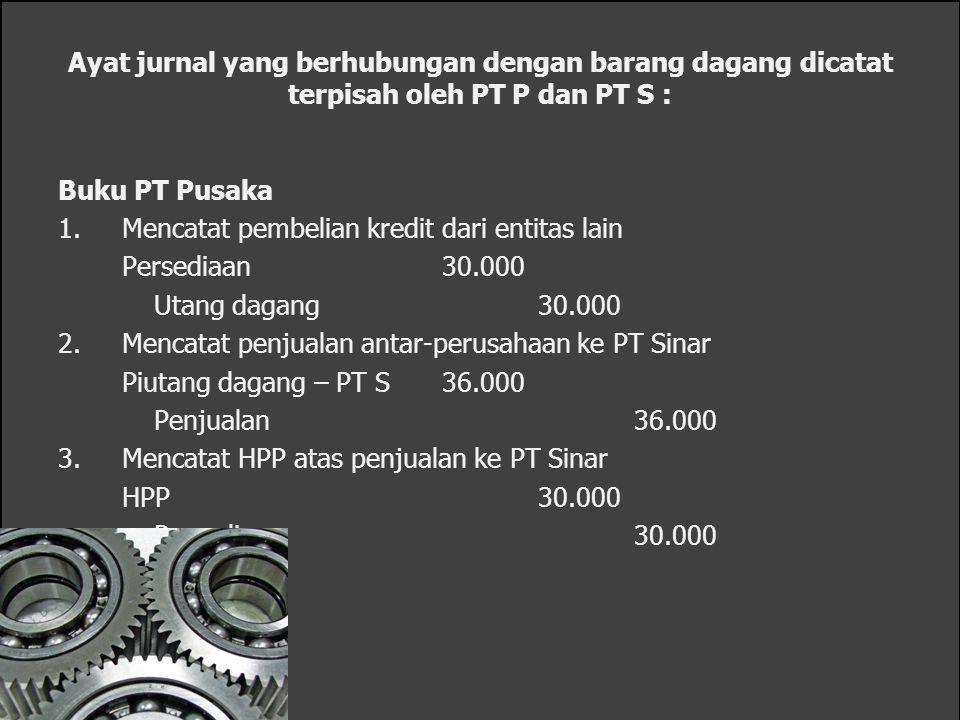 Ayat jurnal yang berhubungan dengan barang dagang dicatat terpisah oleh PT P dan PT S :