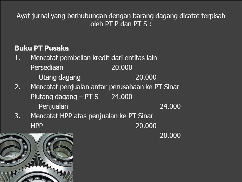 Ayat jurnal yang berhubungan dengan barang dagang dicatat terpisah oleh PT P dan PT S :