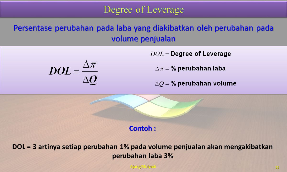 Degree of Leverage Persentase perubahan pada laba yang diakibatkan oleh perubahan pada volume penjualan.