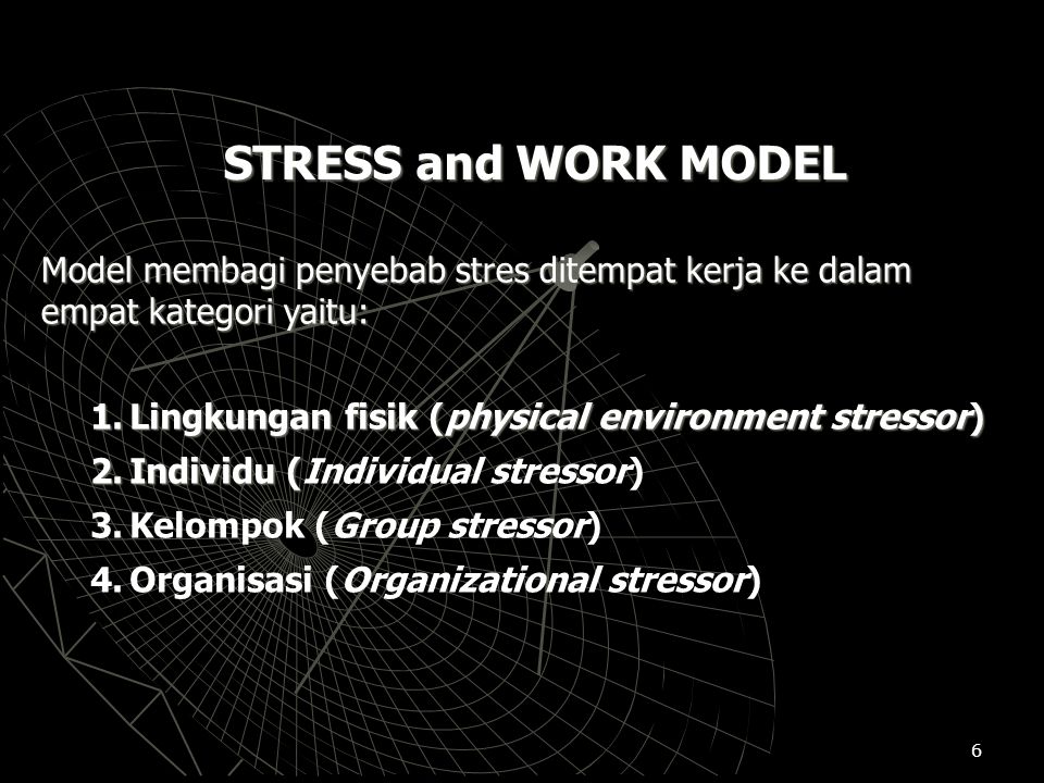 STRESS and WORK MODEL Model membagi penyebab stres ditempat kerja ke dalam empat kategori yaitu: Lingkungan fisik (physical environment stressor)