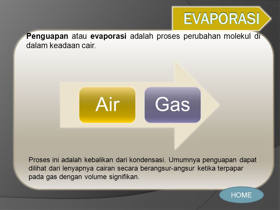 EVAPORASI Penguapan atau evaporasi adalah proses perubahan molekul di dalam keadaan cair. Air. Gas.