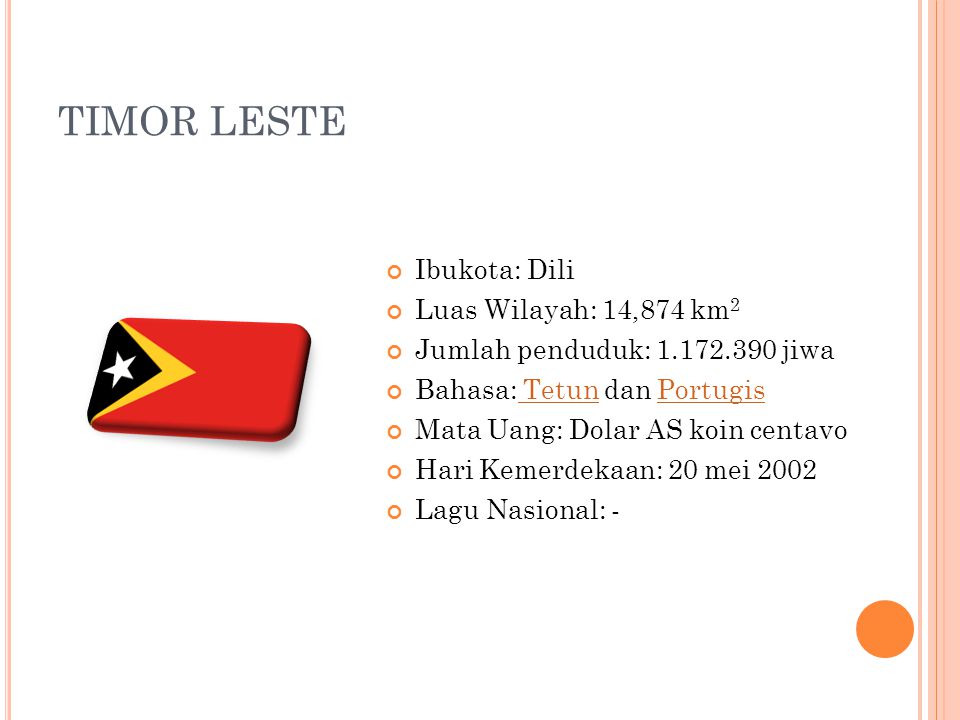 TIMOR LESTE Ibukota: Dili Luas Wilayah: 14,874 km2