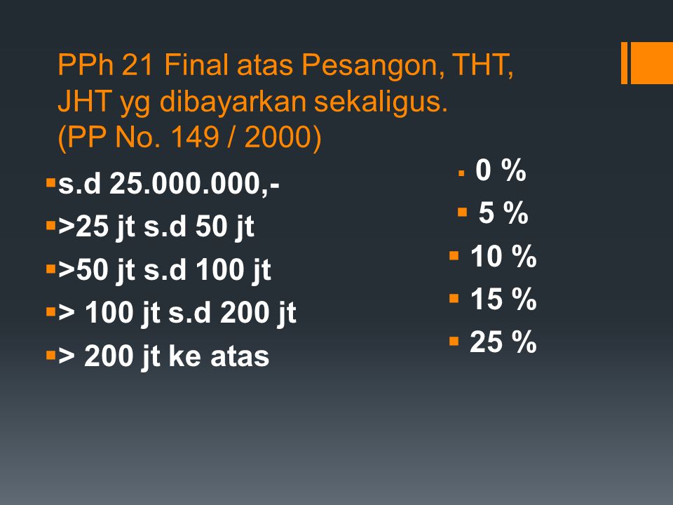 PPh 21 Final atas Pesangon, THT, JHT yg dibayarkan sekaligus. (PP No