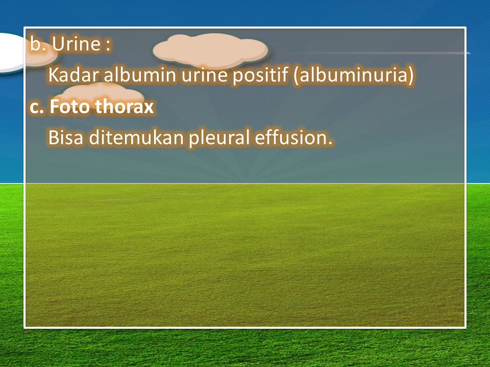 b. Urine : Kadar albumin urine positif (albuminuria) c.
