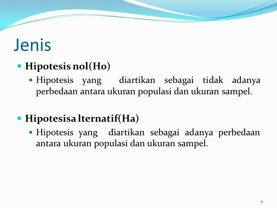 Jenis Hipotesis nol(H0) Hipotesisa lternatif(Ha)