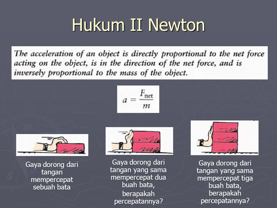Hukum II Newton Gaya dorong dari tangan yang sama mempercepat dua buah bata, berapakah percepatannya