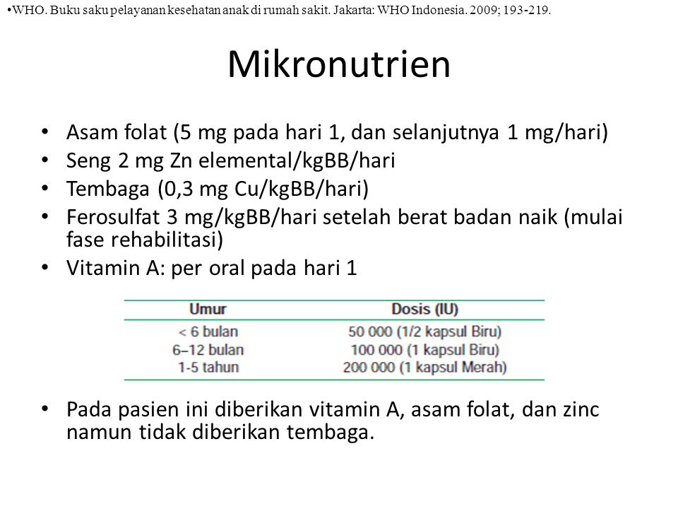 Mikronutrien Asam folat (5 mg pada hari 1, dan selanjutnya 1 mg/hari)