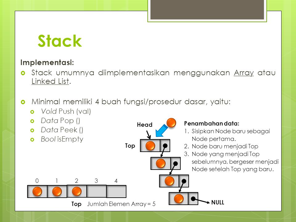 Stack Implementasi: Stack umumnya diimplementasikan menggunakan Array atau Linked List. Minimal memiliki 4 buah fungsi/prosedur dasar, yaitu: