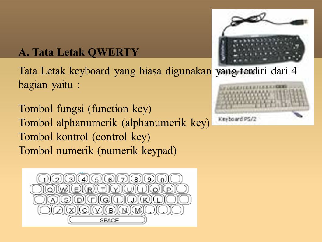 A. Tata Letak QWERTY Tata Letak keyboard yang biasa digunakan yang terdiri dari 4 bagian yaitu : Tombol fungsi (function key)‏
