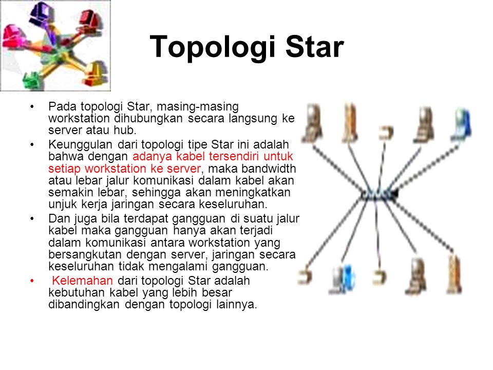 Topologi Star Pada topologi Star, masing-masing workstation dihubungkan secara langsung ke server atau hub.