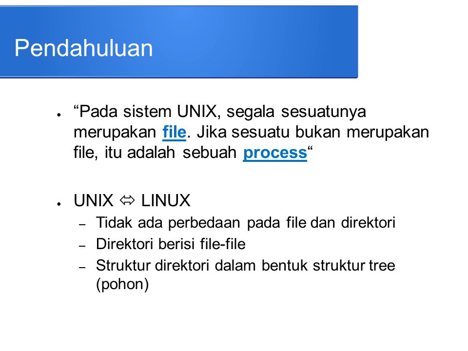 Pendahuluan Pada sistem UNIX, segala sesuatunya merupakan file. Jika sesuatu bukan merupakan file, itu adalah sebuah process
