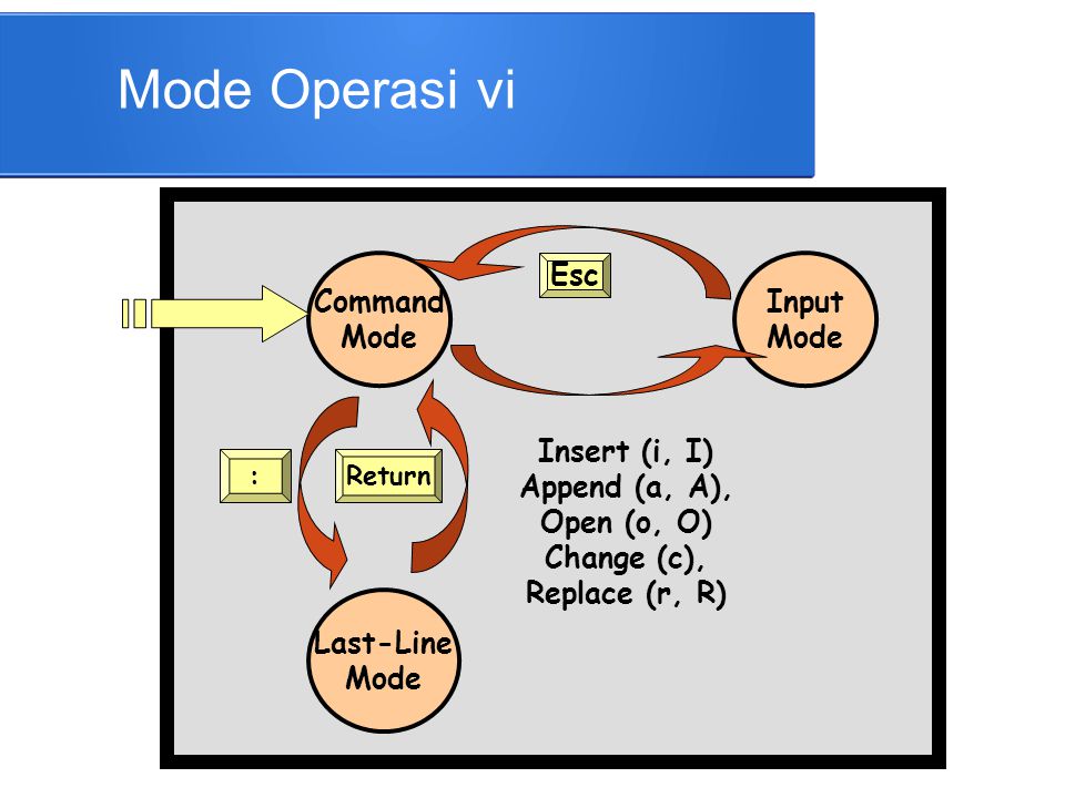 Mode Operasi vi Command Mode Esc Input Mode Insert (i, I)