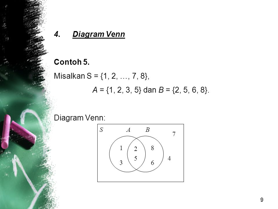 Diagram Venn Contoh 5. Misalkan S = {1, 2, …, 7, 8},
