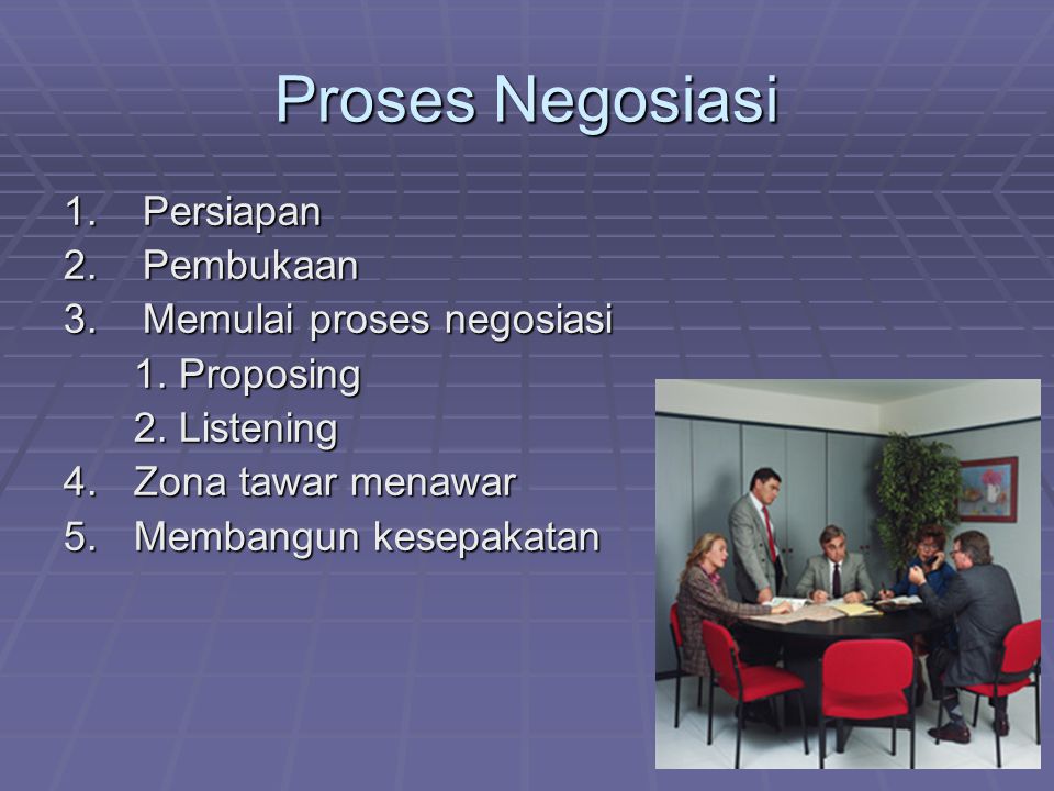 Proses Negosiasi 1. Persiapan 2. Pembukaan 3. Memulai proses negosiasi
