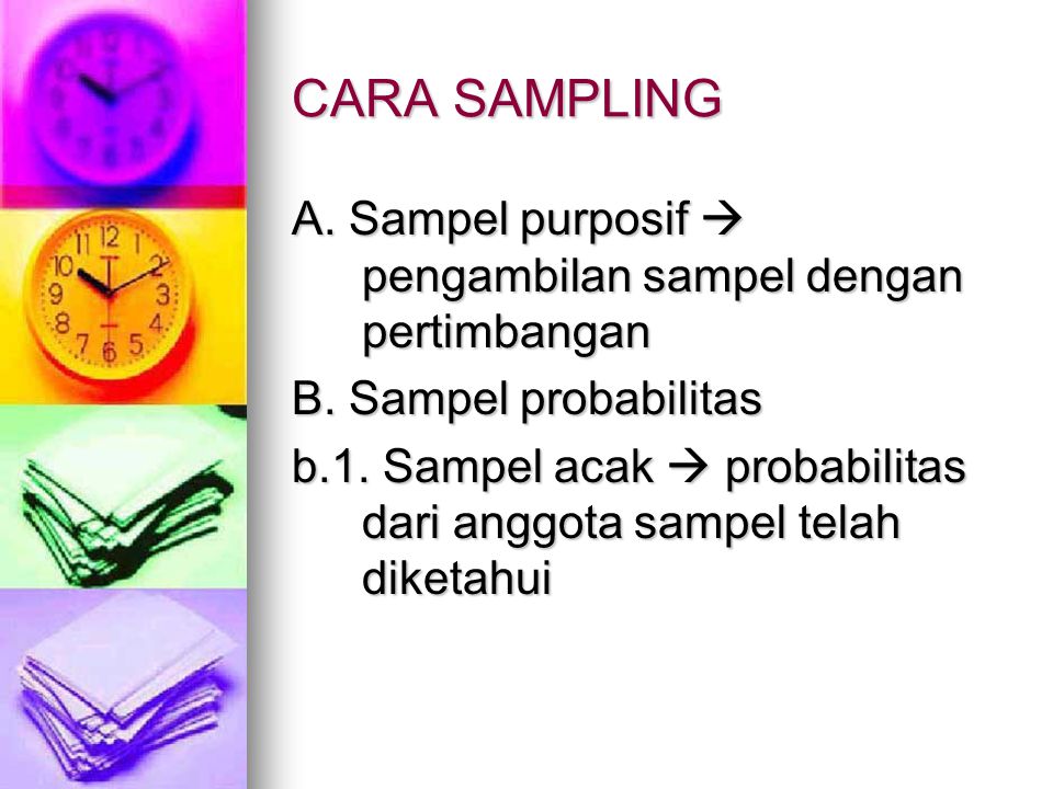 CARA SAMPLING A. Sampel purposif  pengambilan sampel dengan pertimbangan. B. Sampel probabilitas.
