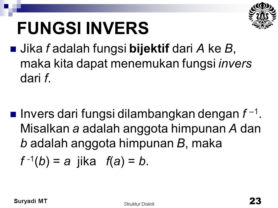 FUNGSI INVERS Jika f adalah fungsi bijektif dari A ke B, maka kita dapat menemukan fungsi invers dari f.