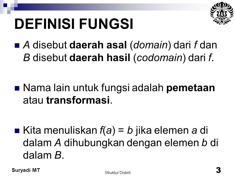 DEFINISI FUNGSI A disebut daerah asal (domain) dari f dan B disebut daerah hasil (codomain) dari f.
