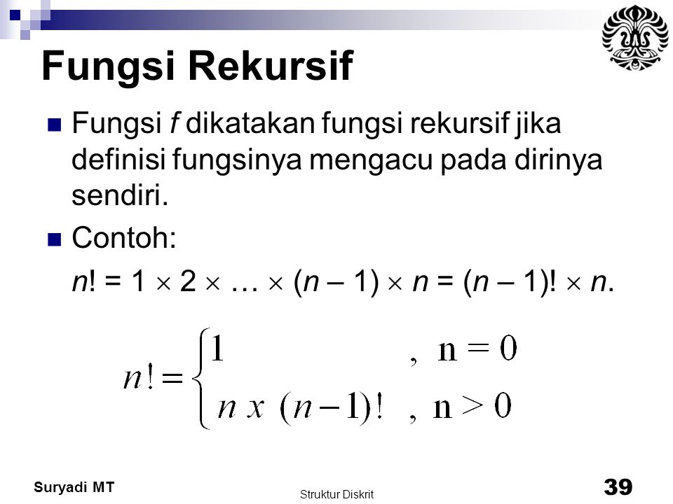 Fungsi Rekursif Fungsi f dikatakan fungsi rekursif jika definisi fungsinya mengacu pada dirinya sendiri.