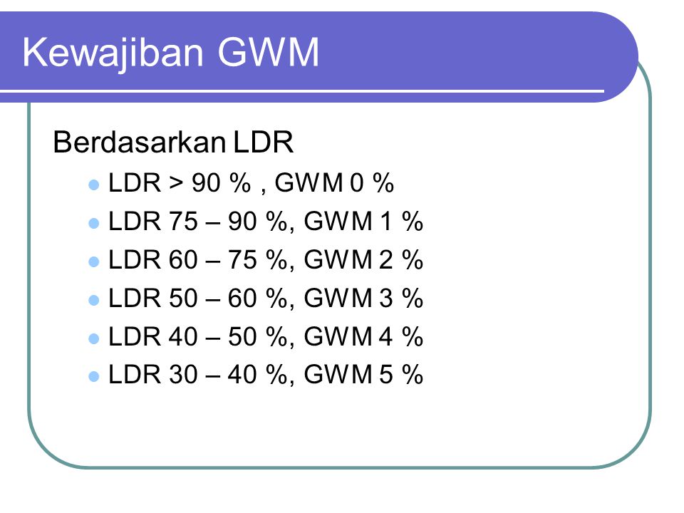 Kewajiban GWM Berdasarkan LDR LDR > 90 % , GWM 0 %