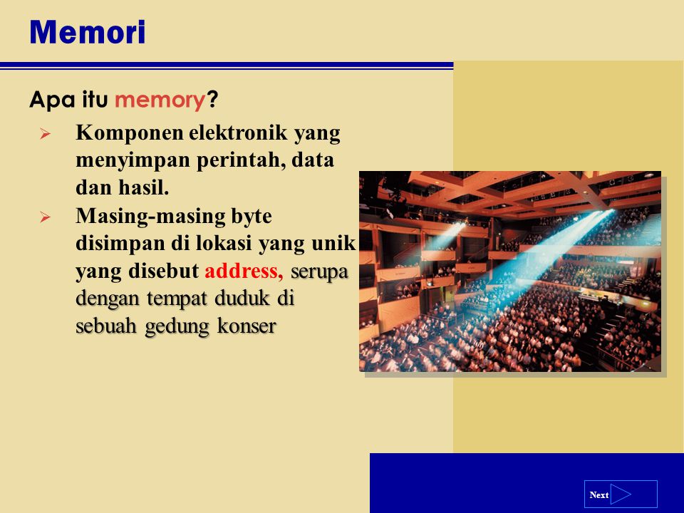 Memori Apa itu memory Komponen elektronik yang menyimpan perintah, data dan hasil.