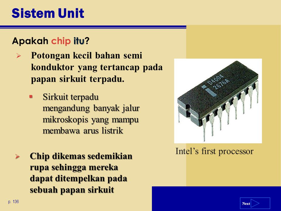 Sistem Unit Apakah chip itu Potongan kecil bahan semi konduktor yang tertancap pada papan sirkuit terpadu.