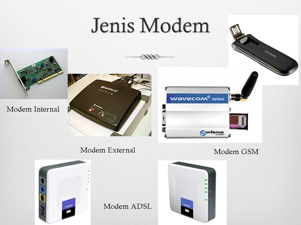 Jenis Modem Modem Internal Modem External Modem GSM Modem ADSL