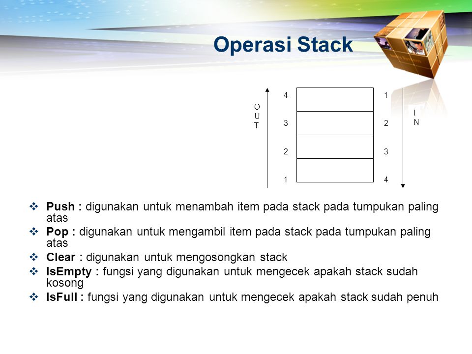 Operasi Stack O. U. T. I. N. Push : digunakan untuk menambah item pada stack pada tumpukan paling atas.