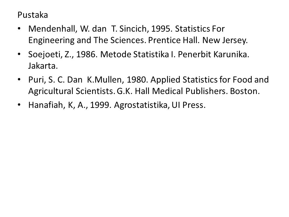 Pustaka Mendenhall, W. dan T. Sincich, Statistics For Engineering and The Sciences. Prentice Hall. New Jersey.