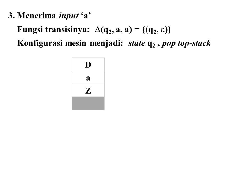 3. Menerima input ‘a’ Fungsi transisinya: (q2, a, a) = {(q2, )} Konfigurasi mesin menjadi: state q2 , pop top-stack.