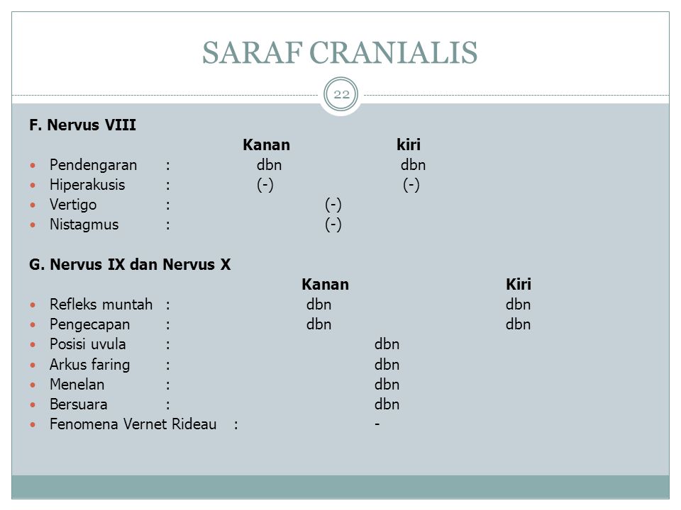 SARAF CRANIALIS F. Nervus VIII Kanan kiri Pendengaran : dbn dbn