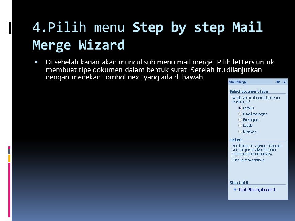 4.Pilih menu Step by step Mail Merge Wizard