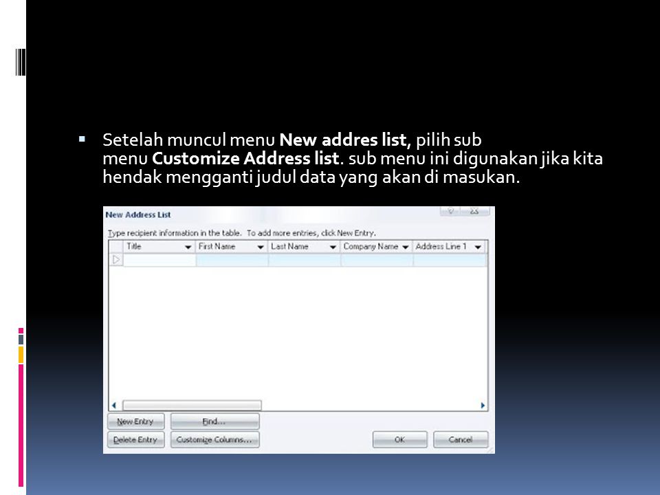 Setelah muncul menu New addres list, pilih sub menu Customize Address list.