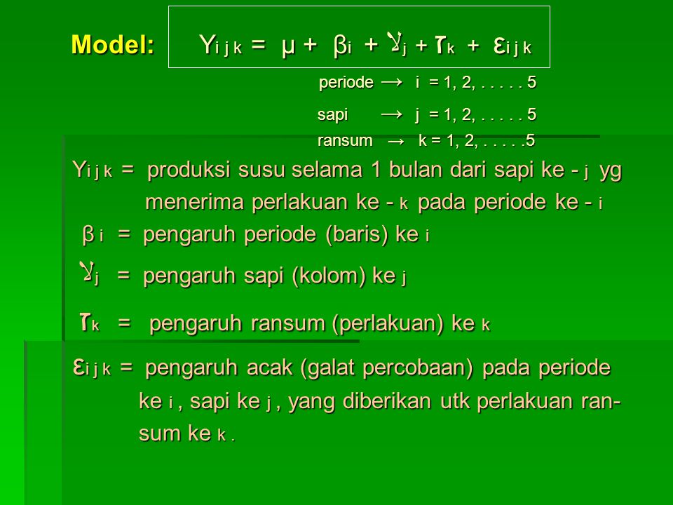 Model: Yi j k = μ + βi + ﻻj + זk + εi j k