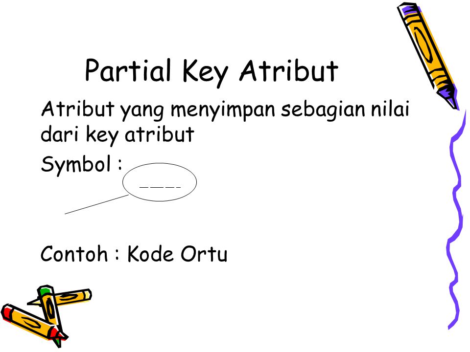 Partial Key Atribut Atribut yang menyimpan sebagian nilai dari key atribut. Symbol : Contoh : Kode Ortu.