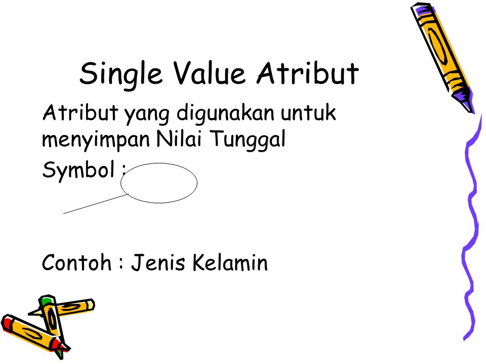 Single Value Atribut Atribut yang digunakan untuk menyimpan Nilai Tunggal.