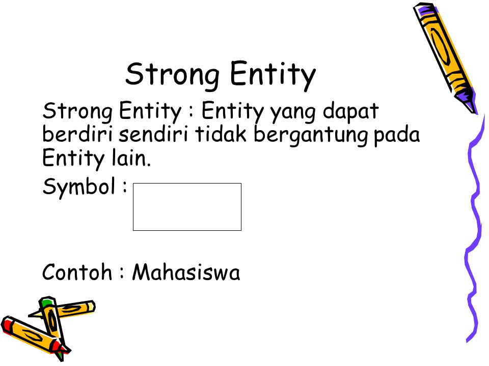 Strong Entity Strong Entity : Entity yang dapat berdiri sendiri tidak bergantung pada Entity lain. Symbol :