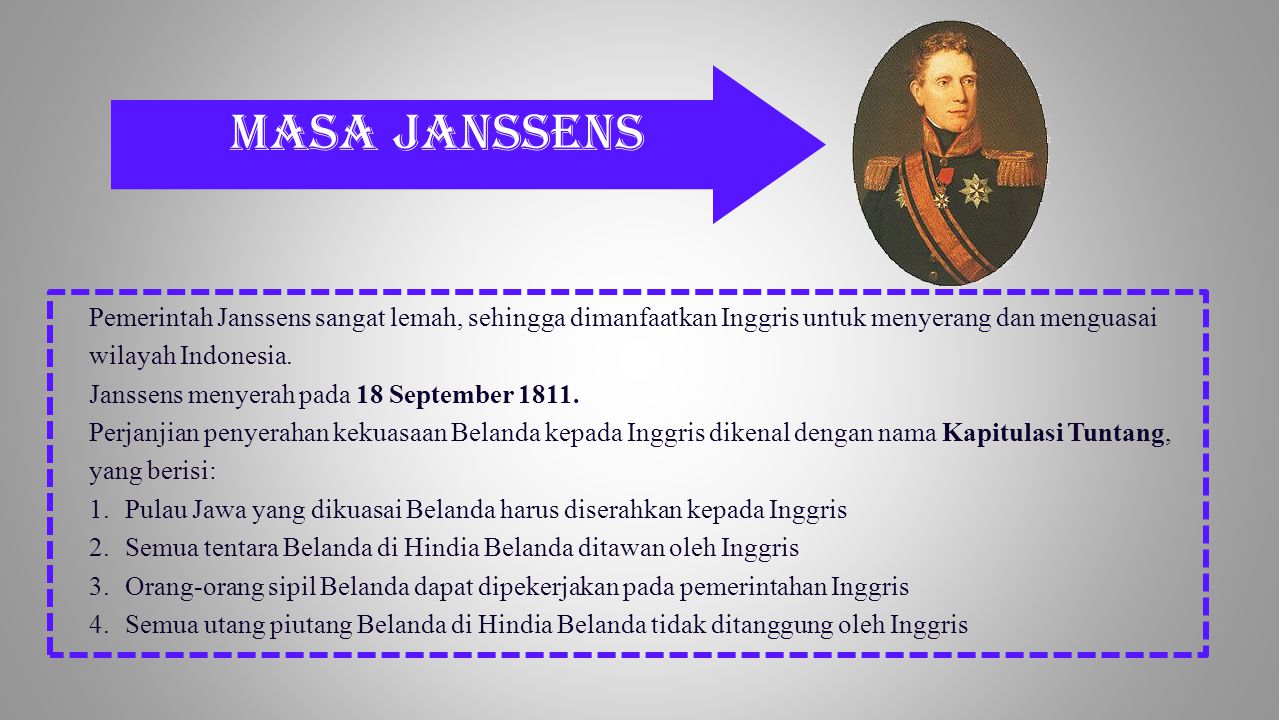 Masa Janssens Pemerintah Janssens sangat lemah, sehingga dimanfaatkan Inggris untuk menyerang dan menguasai wilayah Indonesia.