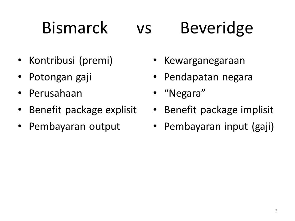 Bismarck vs Beveridge Kontribusi (premi) Potongan gaji Perusahaan